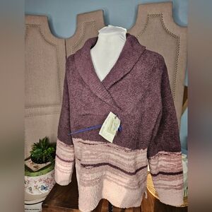 Barefoot Dreams CozyChic Shawl Collar Sweater Dark Violet/Faded Rose